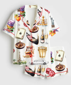 Women's Las Vegas Clipart Vacation Travel Short Sleeve Satin Pajama Set
