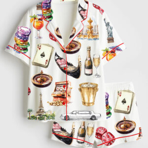 Womenâ€™s Las Vegas Clipart Vacation Travel Short Sleeve Satin Pajama Set