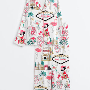 Womenâ€™s Las Vegas Watercolor Gambling Casino Nevada City Skyline Dice Slot Machine Print Long Sleeve Satin Pajama Set