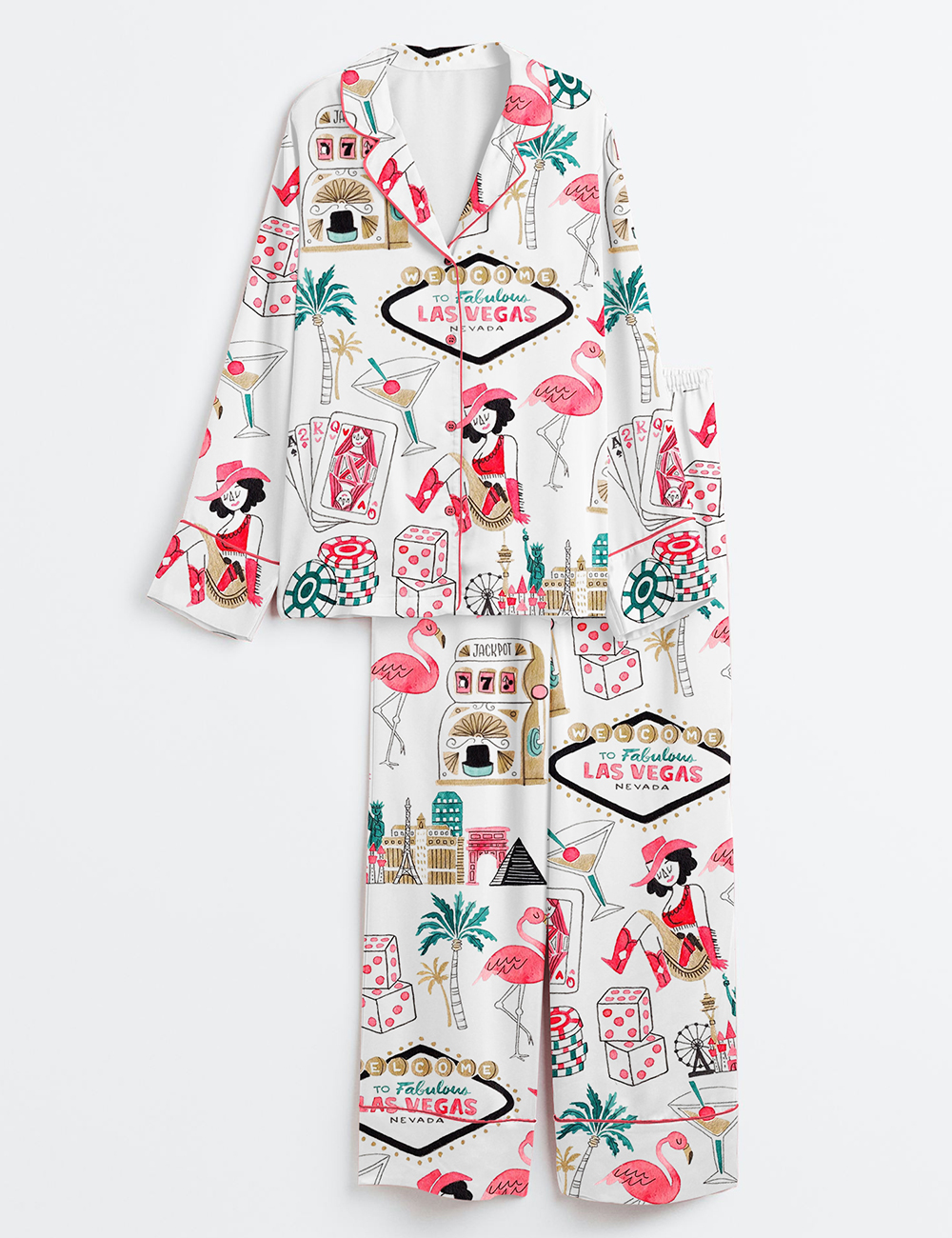 Womenâ€™s Las Vegas Watercolor Gambling Casino Nevada City Skyline Dice Slot Machine Print Long Sleeve Satin Pajama Set