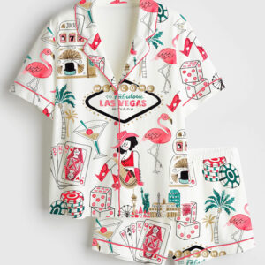 Womenâ€™s Las Vegas Watercolor Gambling Casino Nevada City Skyline Dice Slot Machine Print Short Sleeve Satin Pajama Set
