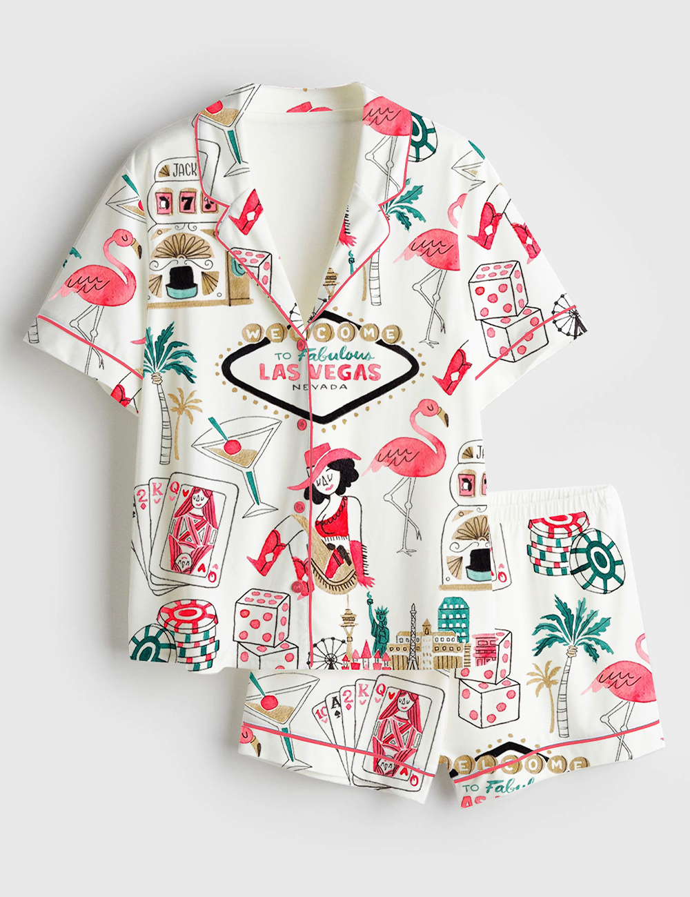 Womenâ€™s Las Vegas Watercolor Gambling Casino Nevada City Skyline Dice Slot Machine Print Short Sleeve Satin Pajama Set