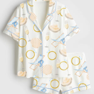 Womenâ€™s Last Toast On The Coast Bachelorette Summer Beach Print Short Sleeve Satin Pajama Set