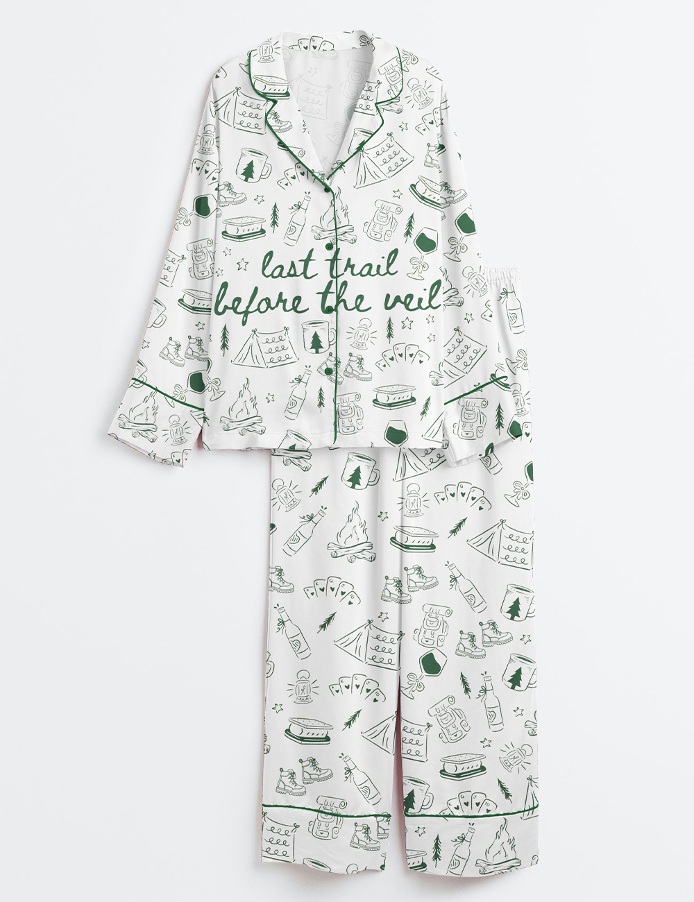 Womenâ€™s Last Trail Before the Veil Camp Bachelorette Mountain Bride Hiking Bridal Party Long Sleeve Satin Pajama Set