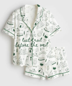 Women's Last Trail Before the Veil Camp Bachelorette Mountain Bride Hiking Bridal Party Short Sleeve Satin Pajama Set