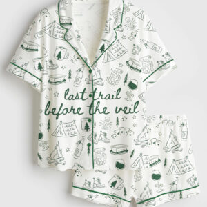 Womenâ€™s Last Trail Before the Veil Camp Bachelorette Mountain Bride Hiking Bridal Party Short Sleeve Satin Pajama Set