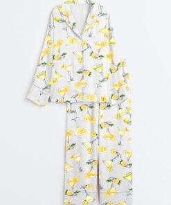 Women's Lemon Drop Martini Watercolor Cocktail Beverage Alcohol Wedding Clipart Margarita Long Sleeve Satin Pajama Set