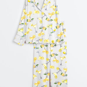 Womenâ€™s Lemon Drop Martini Watercolor Cocktail Beverage Alcohol Wedding Clipart Margarita Long Sleeve Satin Pajama Set