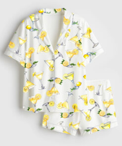 Women's Lemon Drop Martini Watercolor Cocktail Beverage Alcohol Wedding Clipart Margarita Short Sleeve Satin Pajama Set