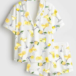 Womenâ€™s Lemon Drop Martini Watercolor Cocktail Beverage Alcohol Wedding Clipart Margarita Short Sleeve Satin Pajama Set