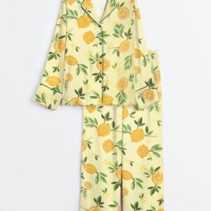 Womenâ€™s Lemon Floral Long Sleeve Satin Pajama Set