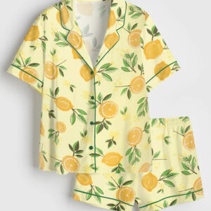 Womenâ€™s Lemon Floral Short Sleeve Satin Pajama Set