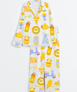 Women's Lemon Print Summer Travel Art Long Sleeve Satin Pajama Set