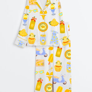 Womenâ€™s Lemon Print Summer Travel Art Long Sleeve Satin Pajama Set