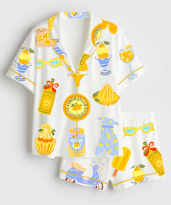 Women's Lemon Print Summer Travel Art Short Sleeve Satin Pajama Set