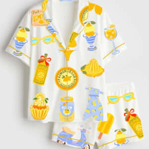 Womenâ€™s Lemon Print Summer Travel Art Short Sleeve Satin Pajama Set