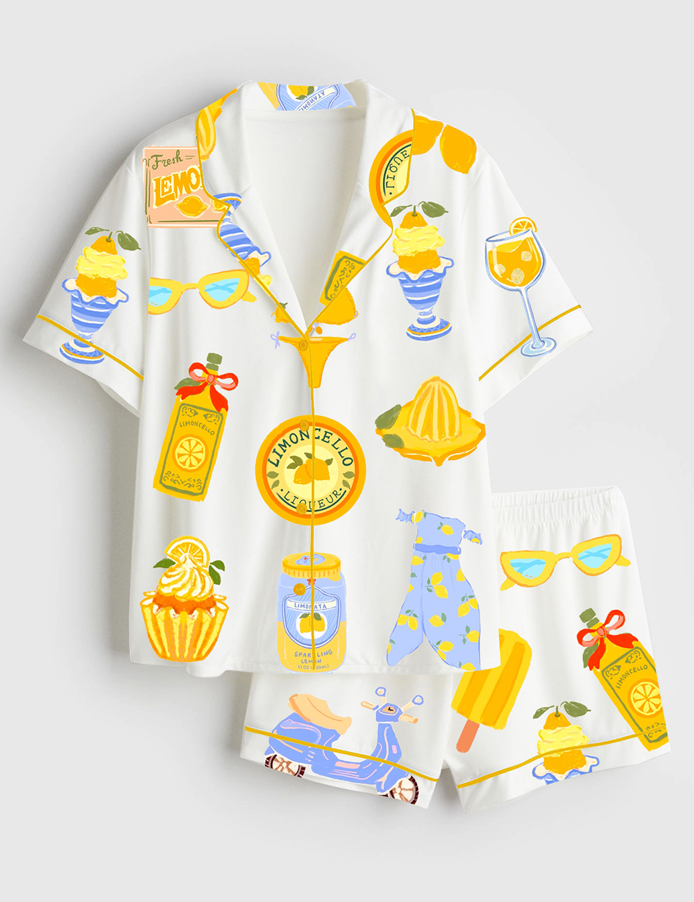 Womenâ€™s Lemon Print Summer Travel Art Short Sleeve Satin Pajama Set