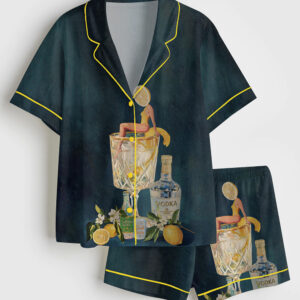 Womenâ€™s Lemon Vodka Seltzer Refreshing Cocktail Short Sleeve Satin Pajama Set