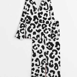 Women's Leopard Color Block Long Sleeve Satin Pajamas Set