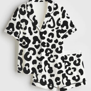 Women's Leopard Color Block Short Sleeve Satin Pajama Set