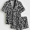 Women's Leopard Print Short Sleeve Satin Pajamas Set