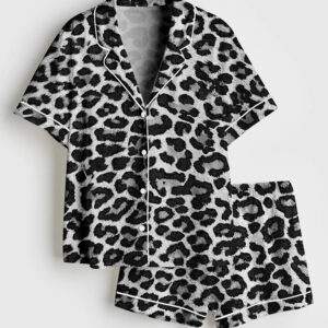 Women's Leopard Print Short Sleeve Satin Pajamas Set