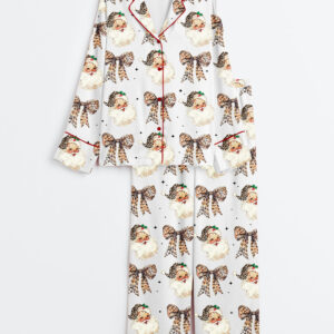 Womenâ€™s Leopard Santa Claus Coquette Christmas Long Sleeve Satin Pajama Set