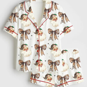 Womenâ€™s Leopard Santa Claus Coquette Christmas Short Sleeve Satin Pajama Set