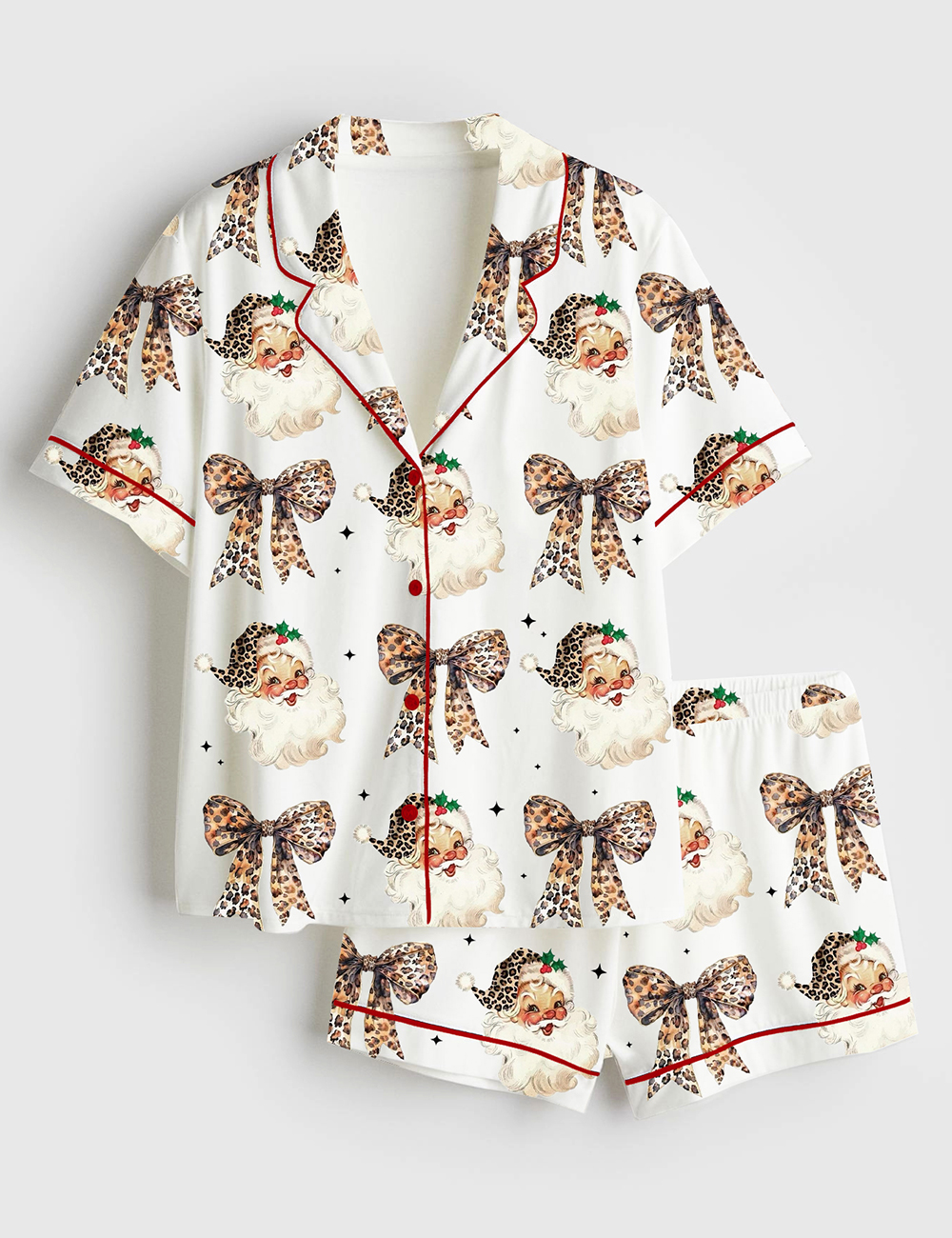 Womenâ€™s Leopard Santa Claus Coquette Christmas Short Sleeve Satin Pajama Set