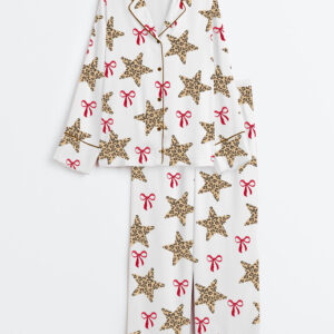 Womenâ€™s Leopard Star And Coquette Long Sleeve Satin Pajama Set