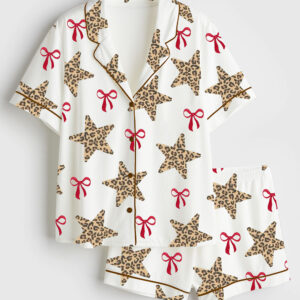 Womenâ€™s Leopard Star And Coquette Short Sleeve Satin Pajama Set