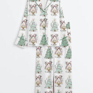 Women's Let Heaven And Nature Sing Christian Christmas Nativity Bow Trees Long Sleeve Satin Pajamas Set