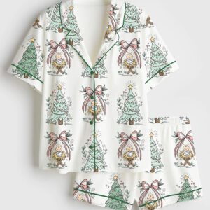 Womenâ€™s Let Heaven And Nature Sing Christian Christmas Nativity Bow Trees Short Sleeve Satin Pajama Set
