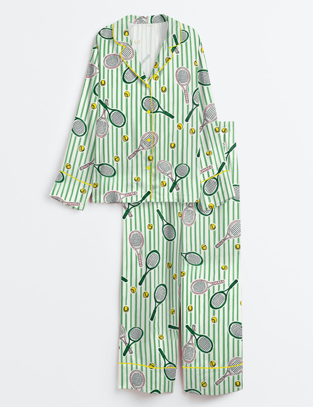 Womenâ€™s Let's Play Tennis Green and Pink Long Sleeve Satin Pajama Set