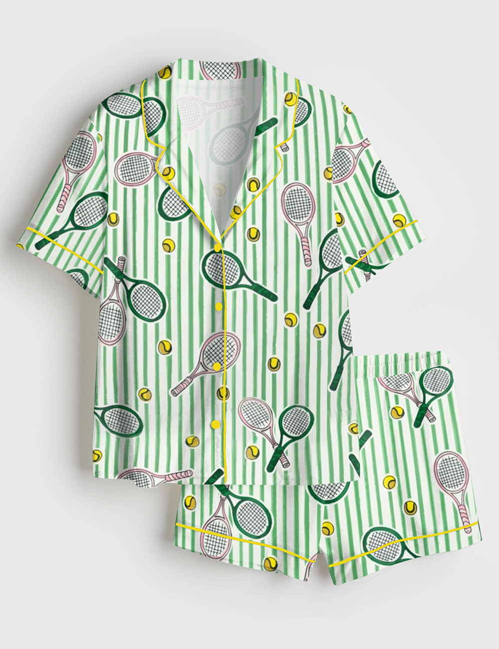 Womenâ€™s Let's Play Tennis Green and Pink Short Sleeve Satin Pajama Set