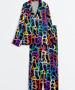 Women's LGBTQ Gay Pride Rainbow Funny Graffiti Penis Line Art Print Long Sleeve Satin Pajama Set