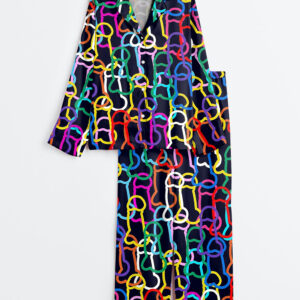 Womenâ€™s LGBTQ Gay Pride Rainbow Funny Graffiti Penis Line Art Print Long Sleeve Satin Pajama Set