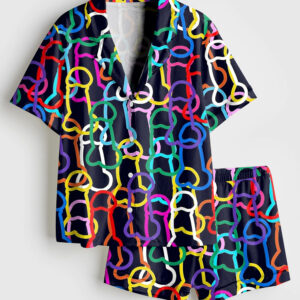 Womenâ€™s LGBTQ Gay Pride Rainbow Funny Graffiti Penis Line Art Print Short Sleeve Satin Pajama Set