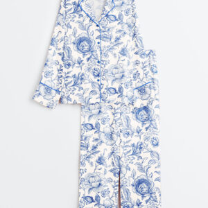 Women's Light Blue and White Floral Pattern Long Sleeve Satin Pajama Set