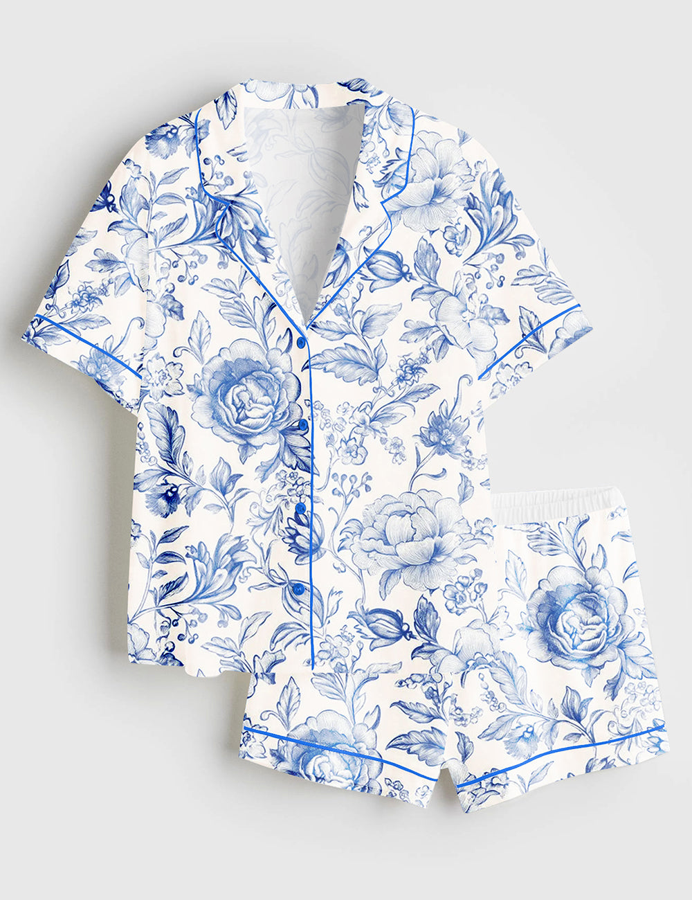 Women's Light Blue and White Floral Pattern Short Sleeve Satin Pajama Set