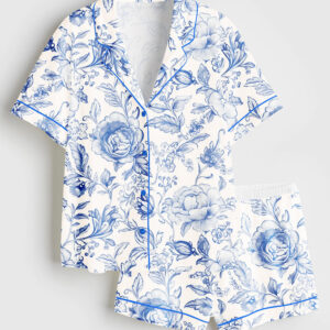 Women's Light Blue and White Floral Pattern Short Sleeve Satin Pajama Set