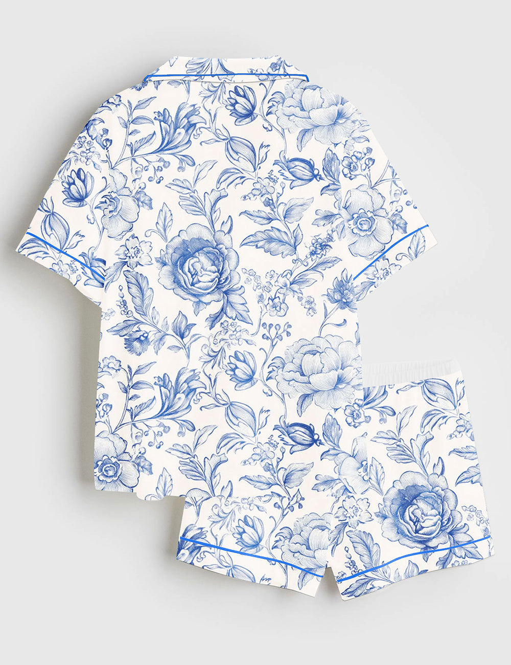 Women's Light Blue and White Floral Pattern Short Sleeve Satin Pajama Set - Image 2