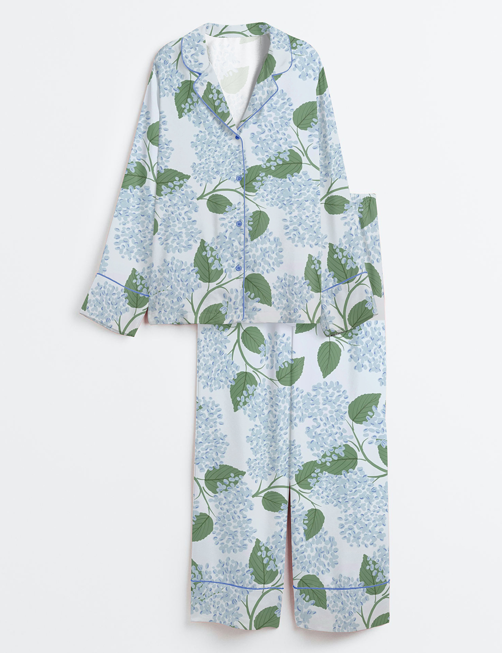 Womenâ€™s Light Blue Hydrangea Flowers Grandmillennial Coastal Wedding Party Print Long Sleeve Satin Pajama Set