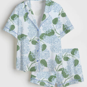 Womenâ€™s Light Blue Hydrangea Flowers Grandmillennial Coastal Wedding Party Print Short Sleeve Satin Pajama Set