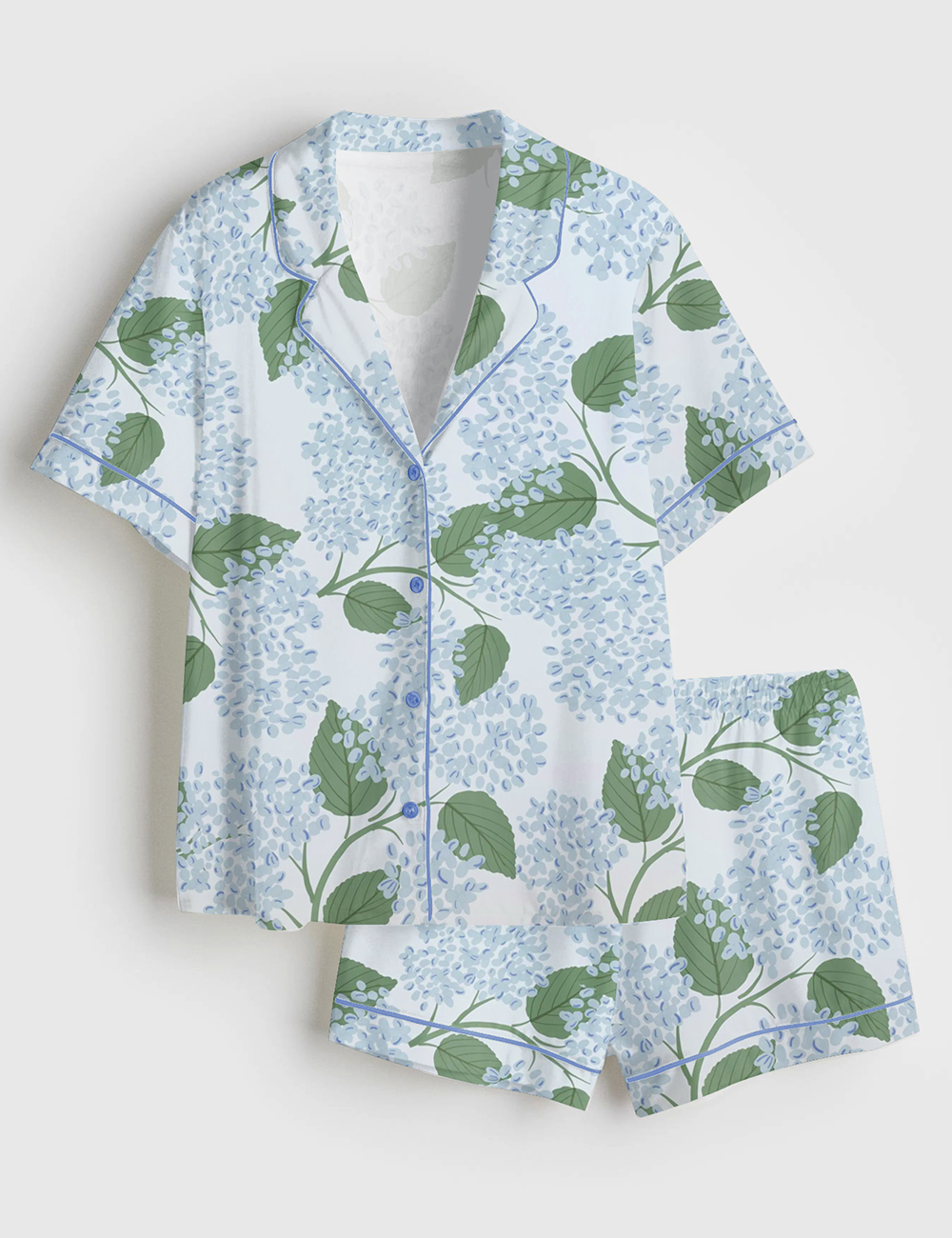 Womenâ€™s Light Blue Hydrangea Flowers Grandmillennial Coastal Wedding Party Print Short Sleeve Satin Pajama Set