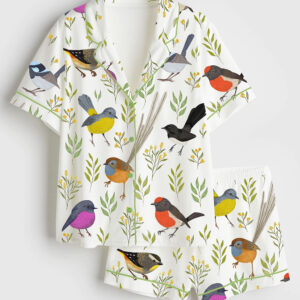 Womenâ€™s Little Birdies Short Sleeve Satin Pajama Set