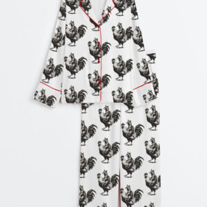 Womenâ€™s Living The Dream Funny Raccoon Rooster Quote Long Sleeve Satin Pajama Set