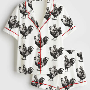 Womenâ€™s Living The Dream Funny Raccoon Rooster Quote Short Sleeve Satin Pajama Set