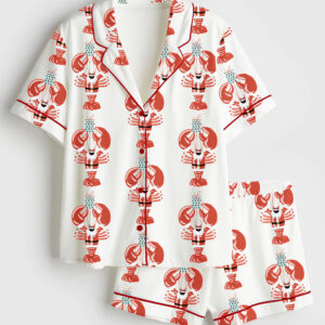 Womenâ€™s Lobstah Santa Christmas Santa Claws Lobster Lover Short Sleeve Satin Pajama Set