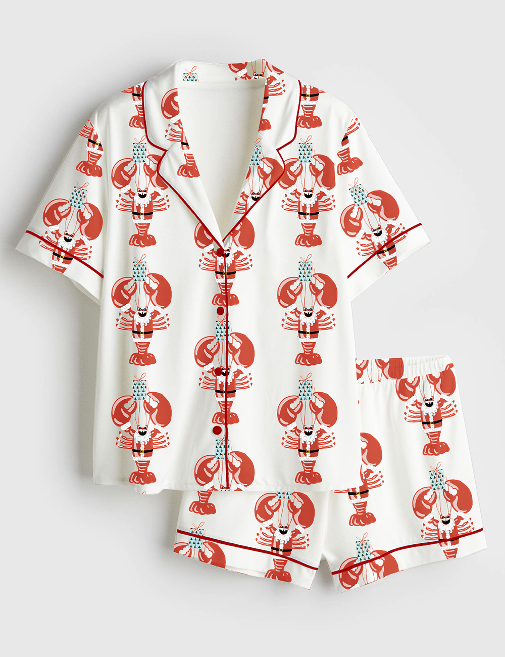 Womenâ€™s Lobstah Santa Christmas Santa Claws Lobster Lover Short Sleeve Satin Pajama Set
